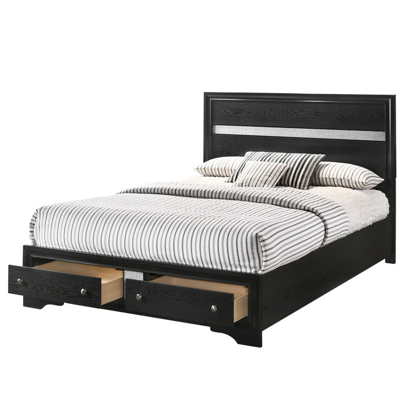 Lit plateforme contemporain pour grand lit avec accents argentés chatoyants, tiroirs de rangement, finition noire, bois massif, aspect de fabrication de tiroir, rangement, bois
