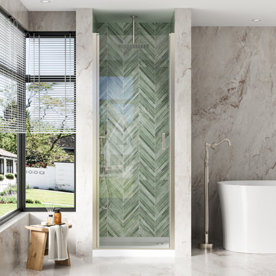 Porte de douche pivotante semi-sans cadre H 30 po x 72 po avec verre trempé transparent de 1/4 po (6 mm) et poignée, nickel brossé