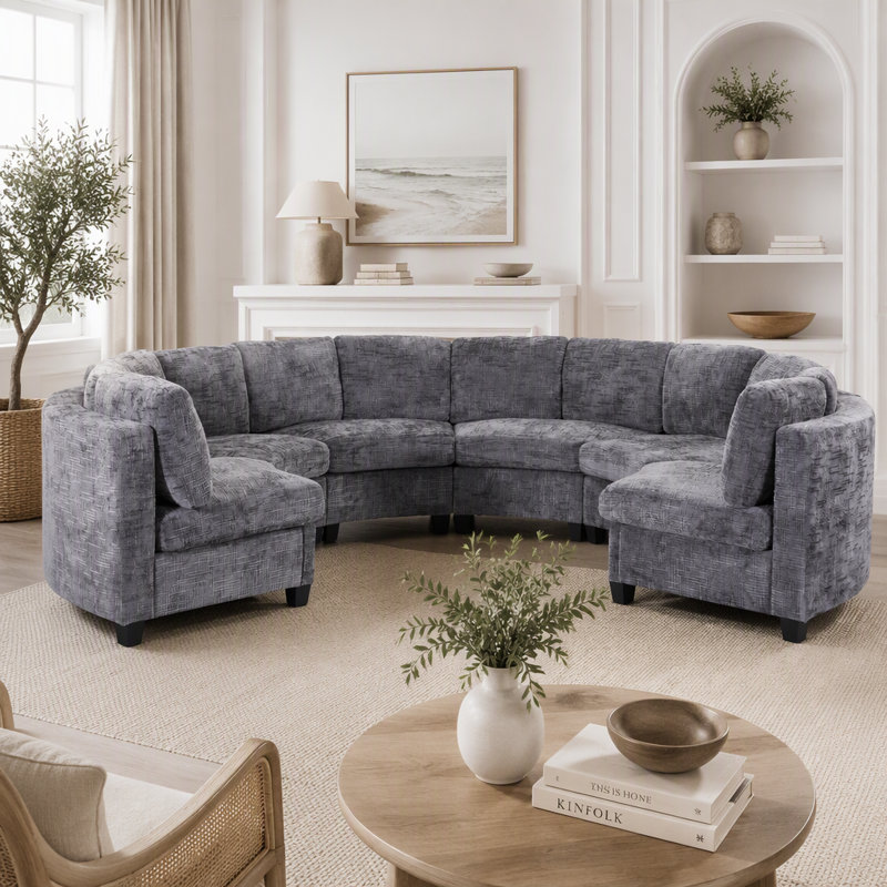 Canapé modulaire courbé 6 places, canapé rembourré en chenille avec structure intérieure en bois massif, coussins en mousse et ressorts, pieds en plastique, 4 couleurs pour le salon
