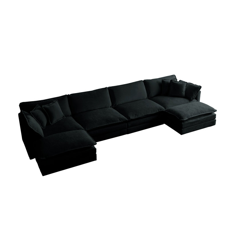Canapé modulaire en U en chenille noire, rembourré d'éponge douce pour la détente