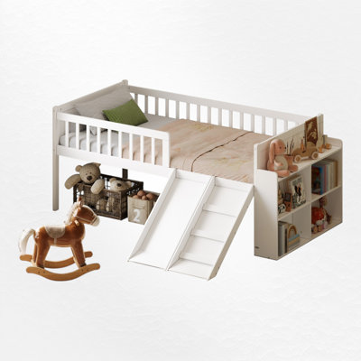 Twin Size Low Loft Bed With Slide, Staircase & Built-In Storage Shelves