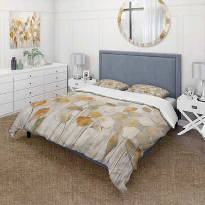 Ensemble d'édredon moderne 4 pièces - Ensemble de literie et coussin décoratif beige Botanical Impressions II