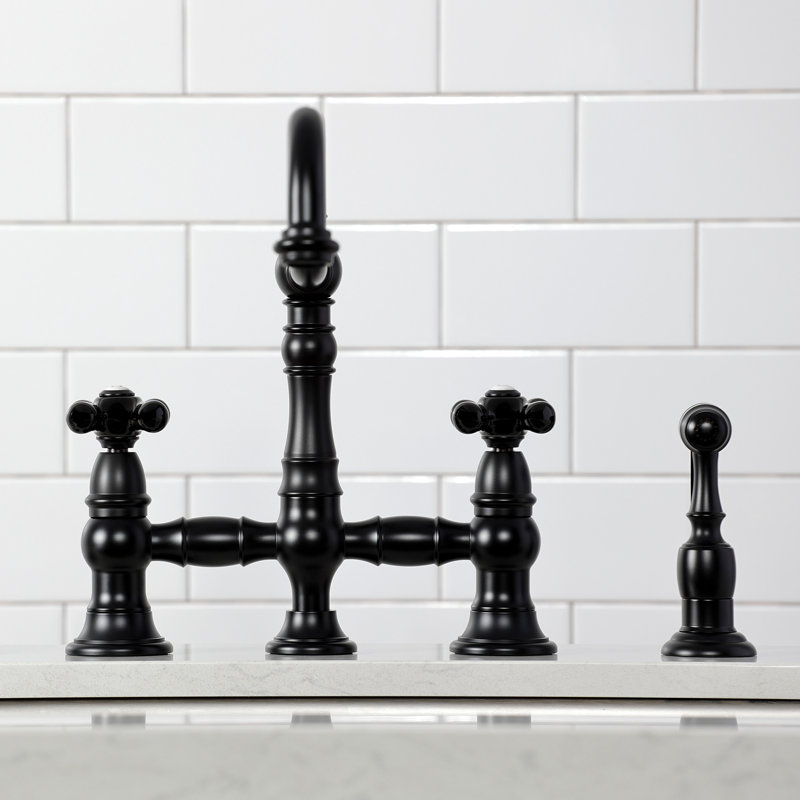 Kingston Brass Duchess Two-Handle 4-Hole Deck Mount Bridge Kitchen Faucet with Brass Side Sprayer, Matte Black