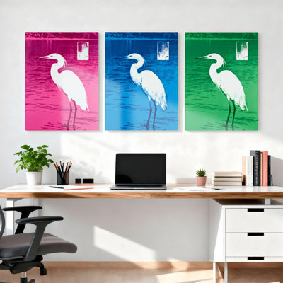 «White Heron Silhouette Pop Art», ensemble de 3 reproductions d'art sur toile tendues sur toile