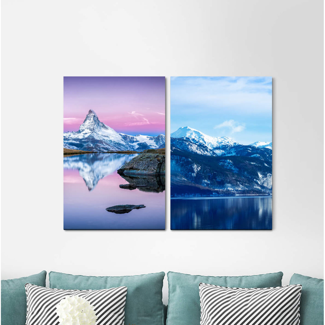 2-tlg. Leinwandbilder-Set - Grafikdruck "Matterhorn Snow Summit Lake Klarheitsmagie"