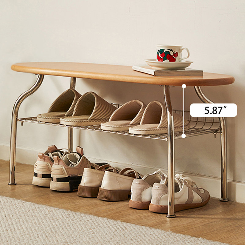 Simple Cherry Wood Stainless Steel Leg Shoe Changing Bench