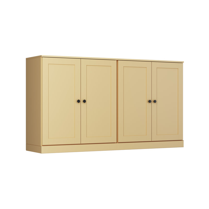 Buffet 100% bois massif 64 po avec portes Shaker, 4 tiroirs et tablettes réglables, Jaune