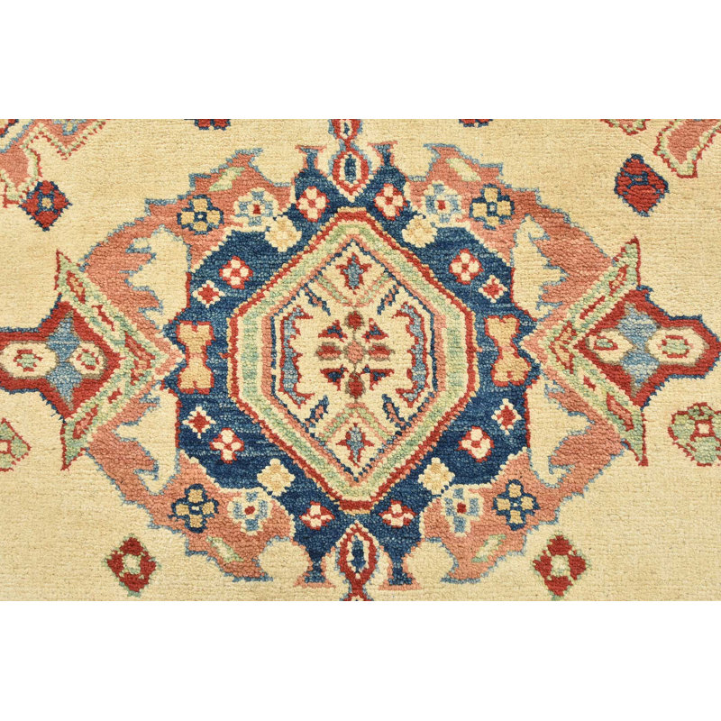 Tapis beige / rouge en laine noué à la main de conception unique 4 pi 3 po x 5 pi 10 po