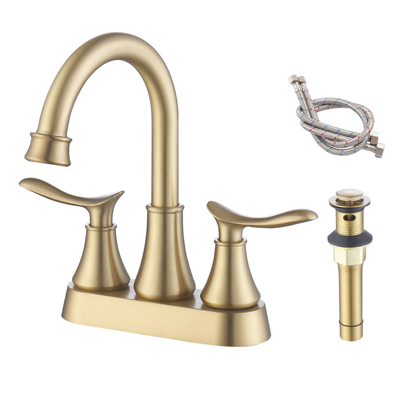 Robinet de salle de bain à 2 poignées de 4 pouces en or brossé, robinets de lavabo de salle de bain avec drain escamotable et tuyaux d'alimentation