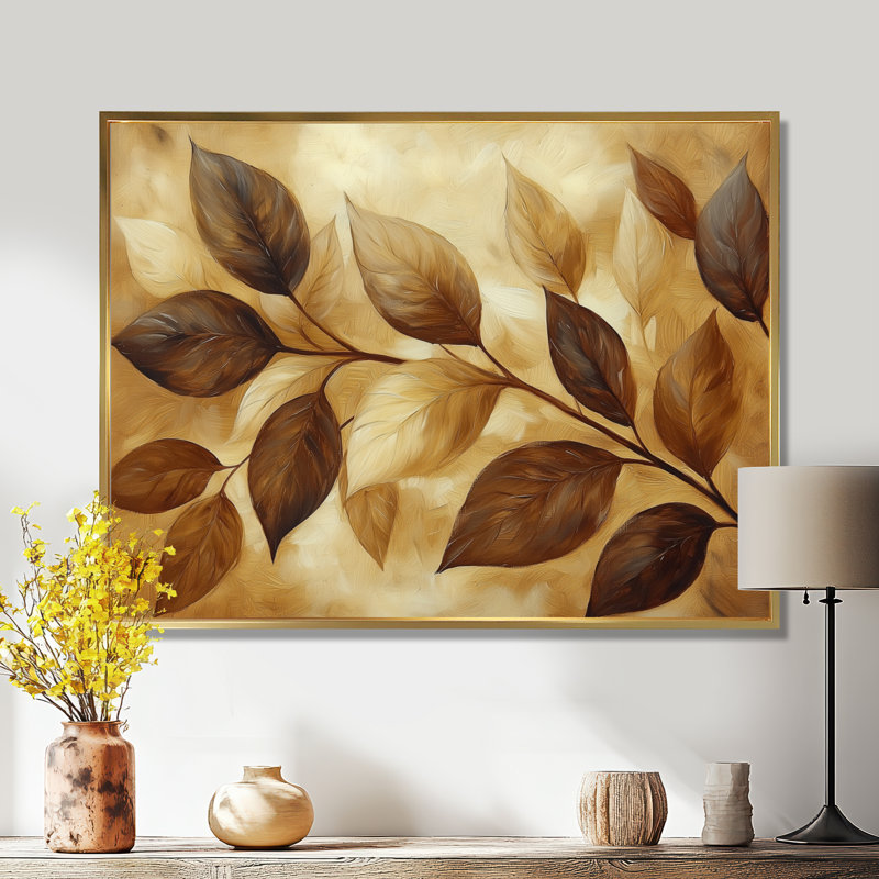 Irmengard chocolat brun feuilles de paysage I - feuilles, art mural sur toile, H 16 po x l 32 po, Cadre flottant, Doré