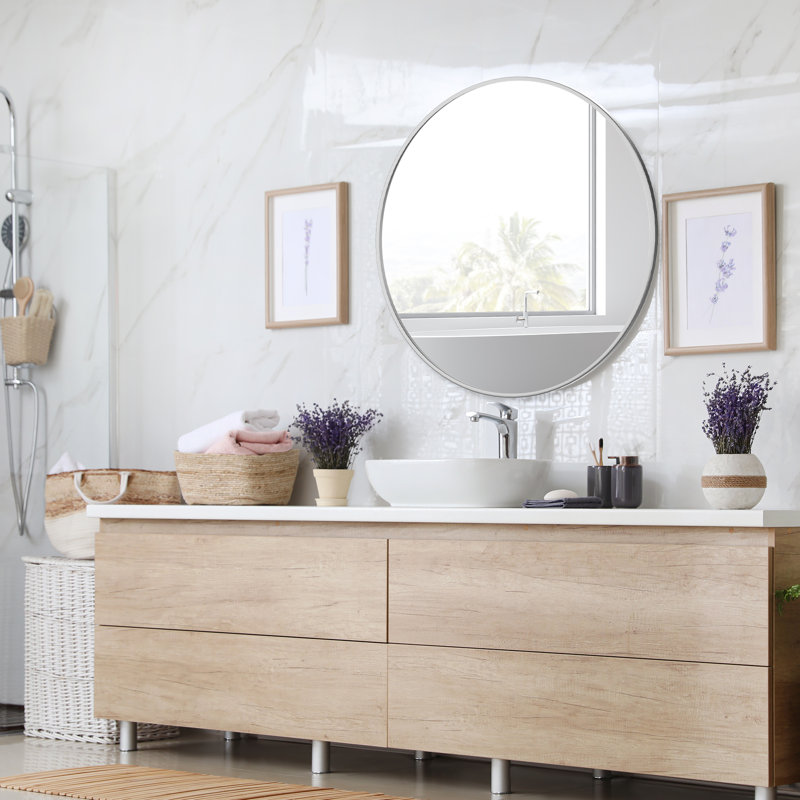 Baum Nordic Round Bathroom Framed Mirror Wall Hanging, Silver, 61cm H x 61cm W