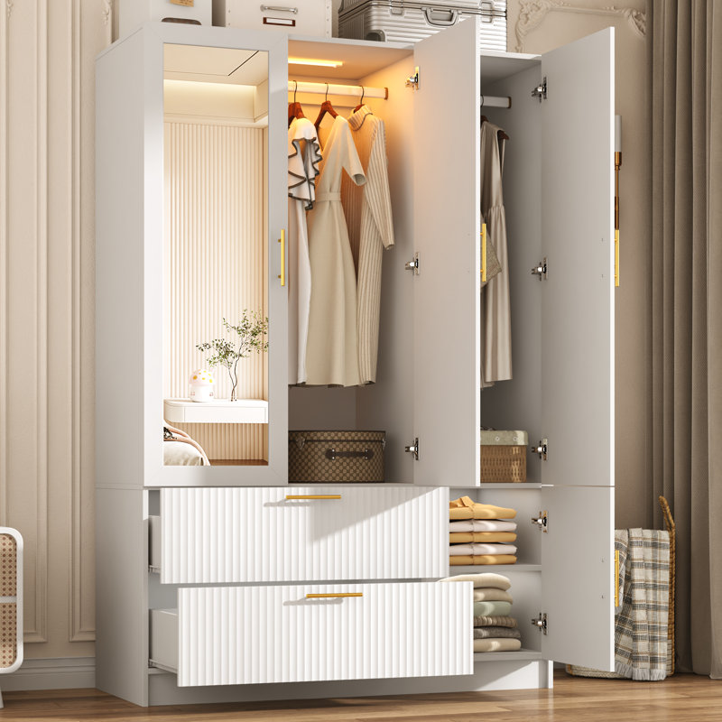 Armoire de chambre à coucher cannelée moderne, garde-robe 3 portes avec miroirs et détecteur de mouvement à DEL, armoire de rangement en bois H 70,3 po avec 2 tiroirs et tablettes, armoire autoportante