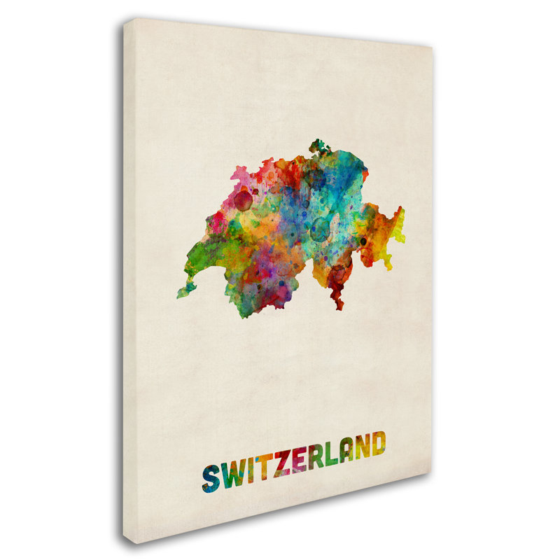 « switzerland aquarelle map », reproduction d’impression sur toile tendue, H 32 po x l 24 po x P 2 po