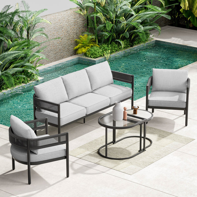 Maine Defino 5 Piece Steel Wicker Seating Group With Sofa And Cushions, Mixed Gray Beige