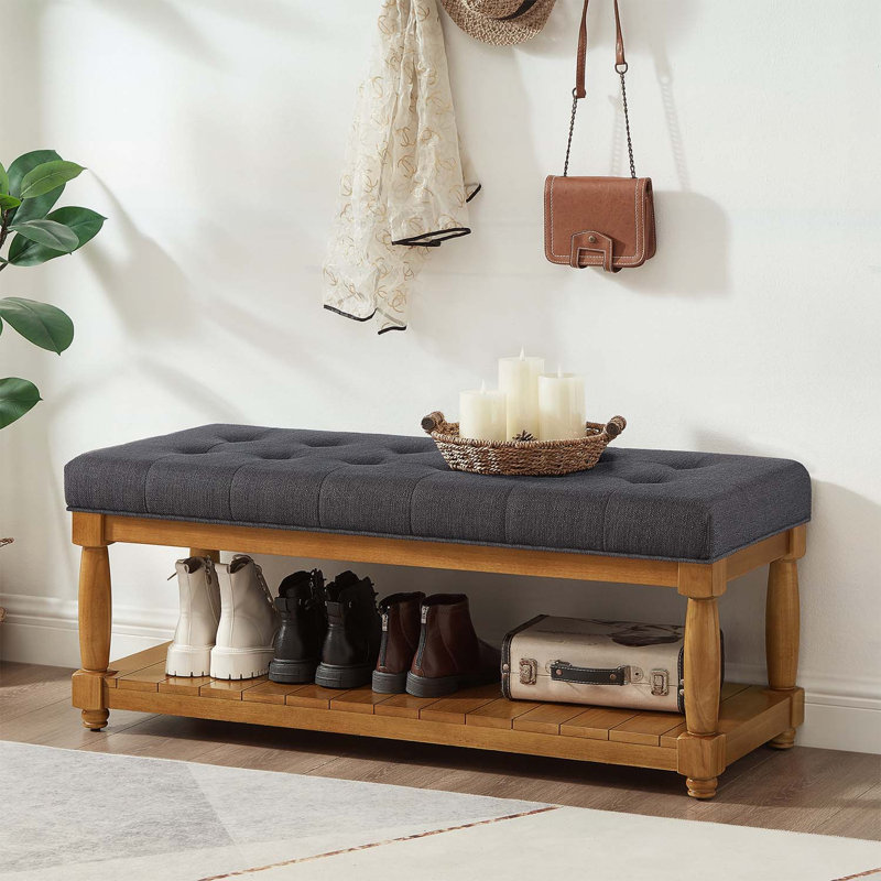 Banc rembourré avec tablette de rangement, repose-pieds capitonné pour entrée de chambre à coucher, Charcoal+Natural