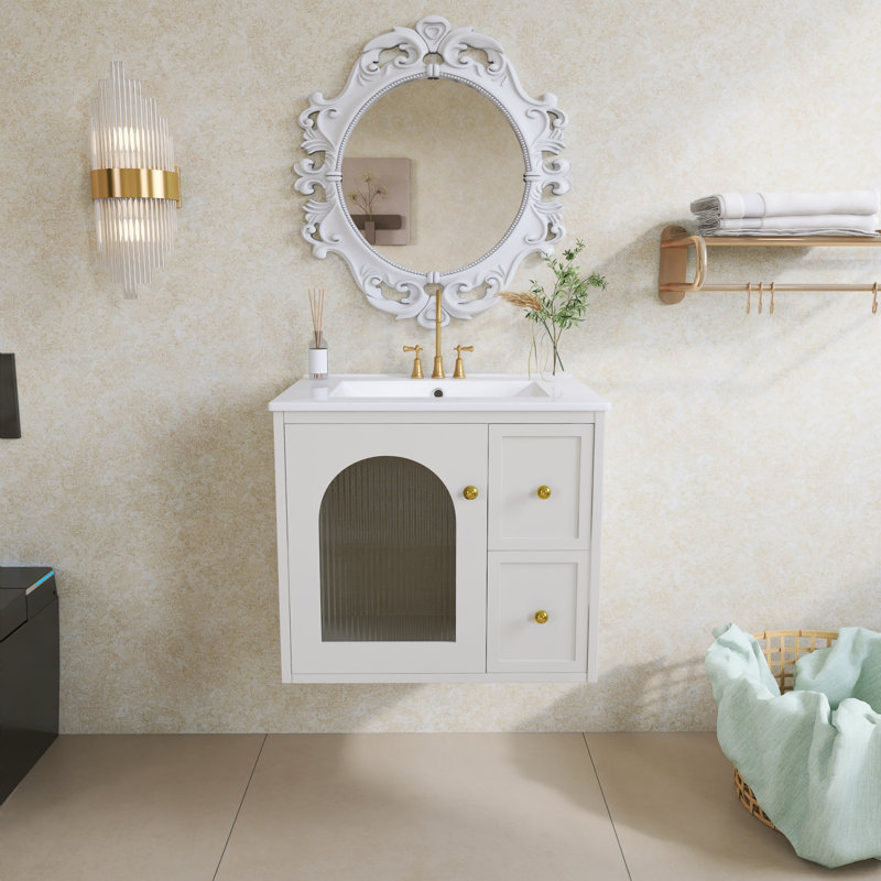 Meuble-lavabo mural 24 po avec lavabo en céramique, 2 tiroirs et 1 porte, Beige
