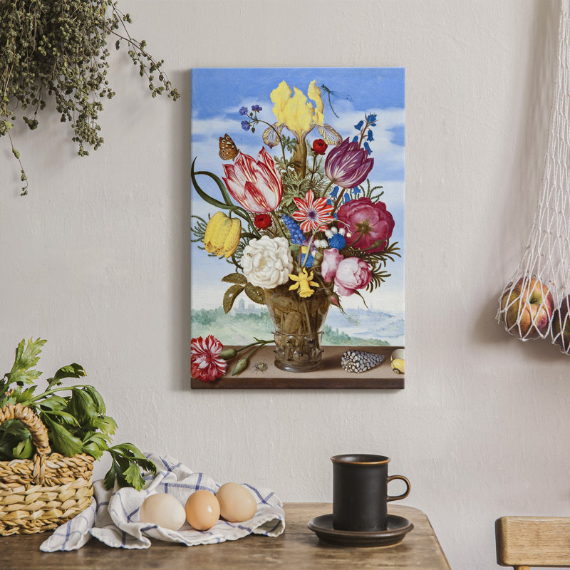Bouquet de fleurs sur une corniche - impression sur toile tendue, H 12 po x l 8 po x P 1 po