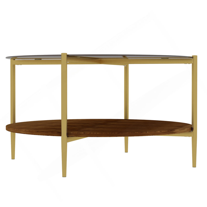 Table basse ronde moderne dorée double couche + verre trempé + rangement et décoration + 32,28 po de diamètre + couleur or