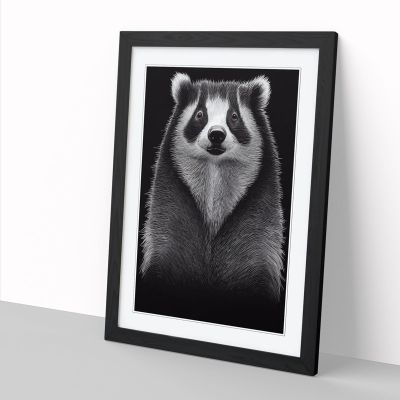Badger In Monochrome - Single Picture Frame Print, 64cm H x 46cm W, Oak Framed