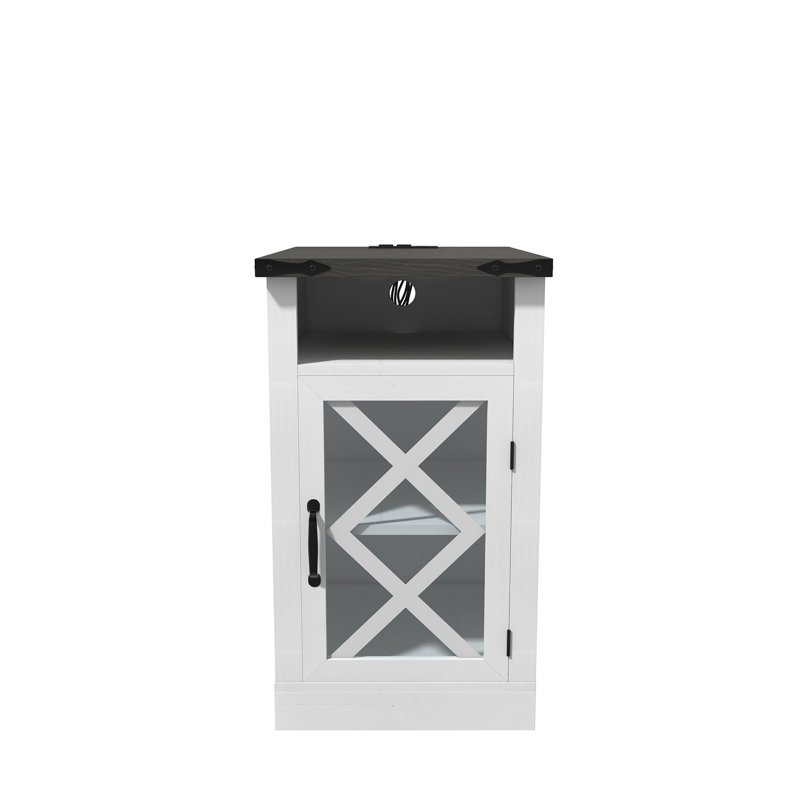 Table d'appoint multifonctionnelle en bois avec porte de grange, rangement à 3 niveaux et station de charge, pour les petits espaces de vie