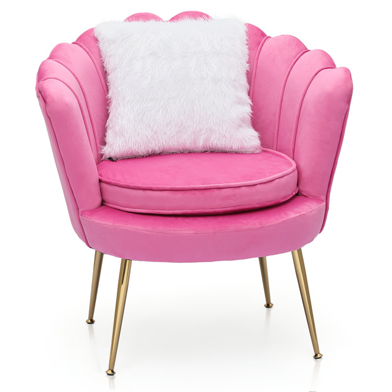 Velvet Barrel Accent Chair Upholstered Vanity Chair Side Chair with Cushion, Pillow and Metal Legs, Pink Velvet