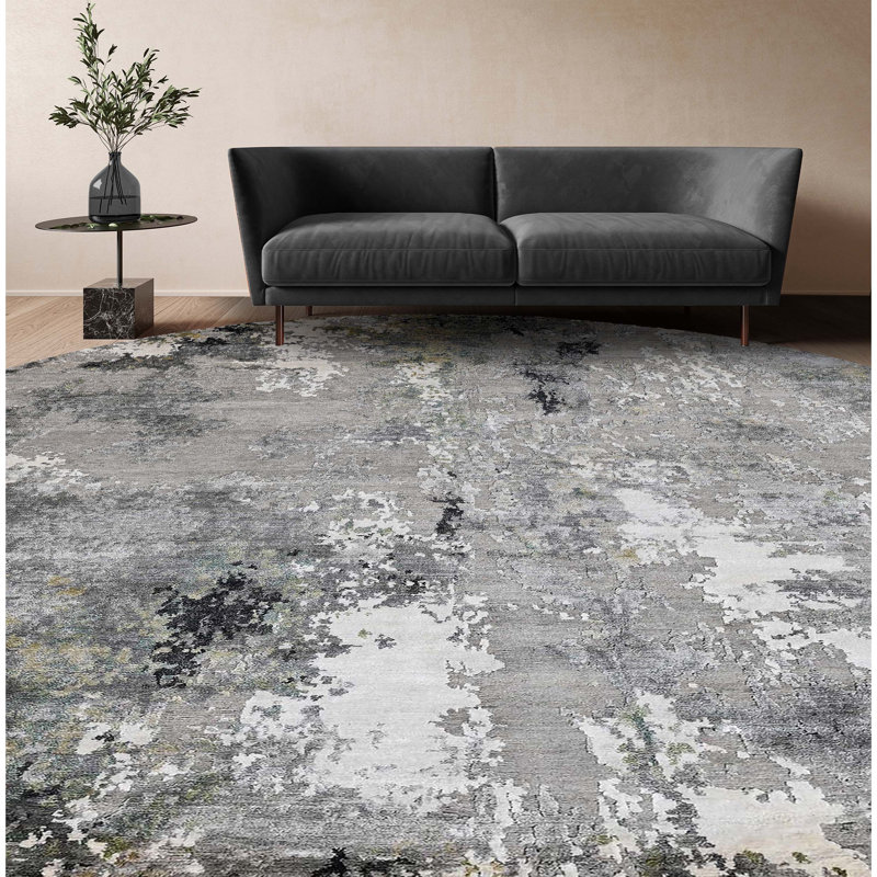 Abstract Area Rug in Black/Gray/Green/Brown, Round 8' x 8'