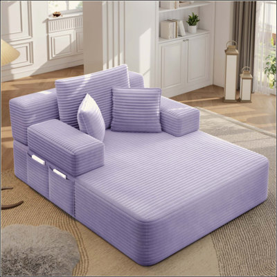 Oversized Plush Corduroy Chaise Lounge Sofa Bed, 2-in-1 Convertible Sleeper Couch with Side Storage Pockets and Pillows, Frameless Multi-Functional Sofa for Apartment, Guest Room, Dorm