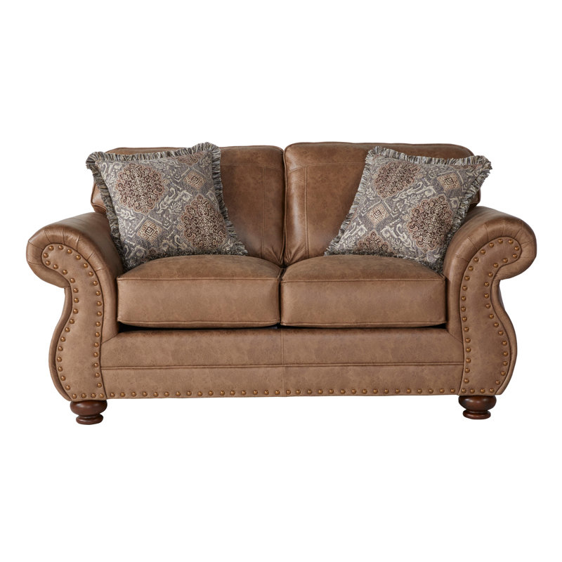 Causeuse en tissu avec têtes de clou bronze antique, Brun