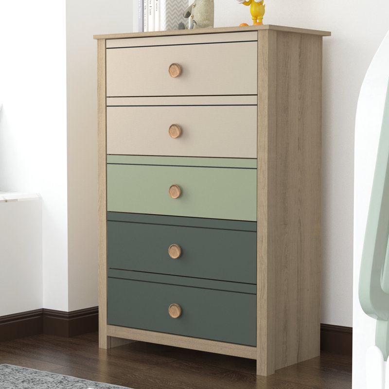 Bustillo 30.7'' Wide 5 -Drawer Chest, Oak/Tan/Green