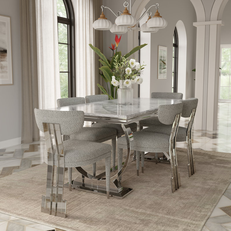 7 Piece Modern Dining Table Set With 6 Dining Chairs, Gray/Silver