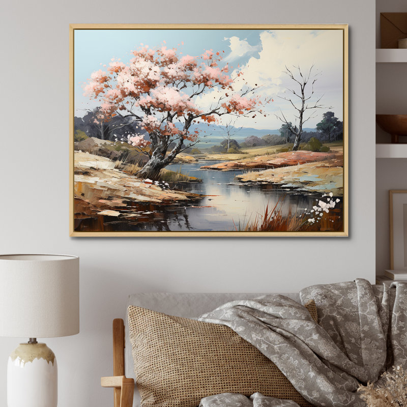 «Pink Trees Blooming In Country Charm», reproduction sur toile, Cadre naturel flottant, H 16 po x l 32 po x P 1 po