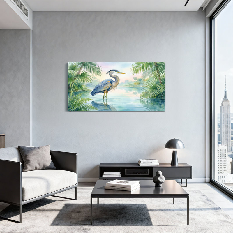 Animaux, hérons dans un paysage d'eau tropical avec palmiers, 20" H x 40" W