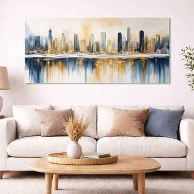 Blue Gold Chicago Winter Cityscape – Blue Urban Large Wall Art, Nordic Framed Canvas Print