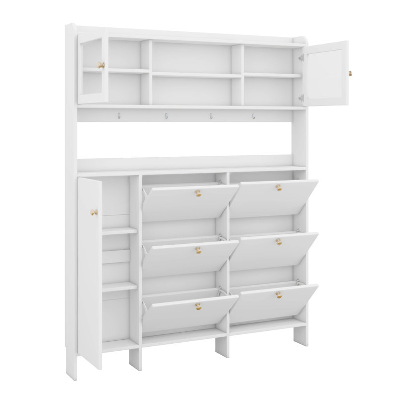 Multifunctional Shoe Cabinet With Storage Shelf & 6 Flip Drawers, Modern Large Hall Tree With Tempered Glass Doors, 4 Hooks