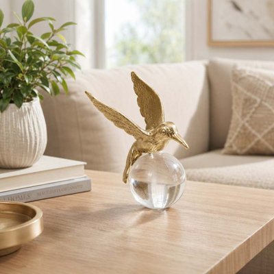 Hummingbird Sculpture on Acrylic Orb for Coastal Living Room Decor - Decorative Accent Object for Entryway or Home Office Decoration - 6", Gold & Clear