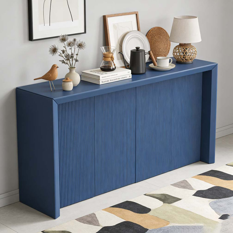 Wood Veneer Simple Entryway Table with Wavy Design, Navy Blue