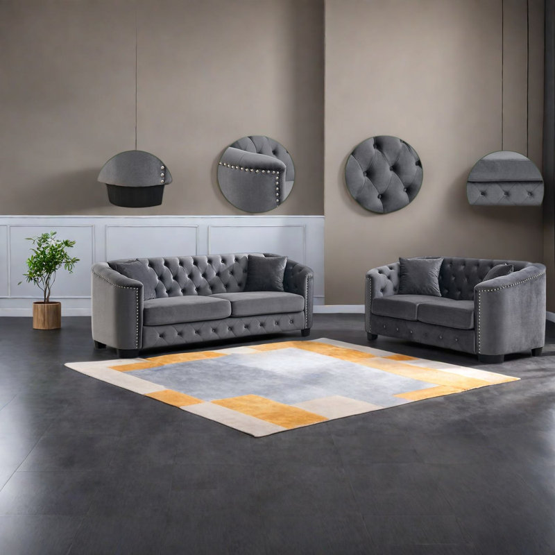 Ensemble de canapés modernes en velours gris capitonné 6 places Chesterfield, salon