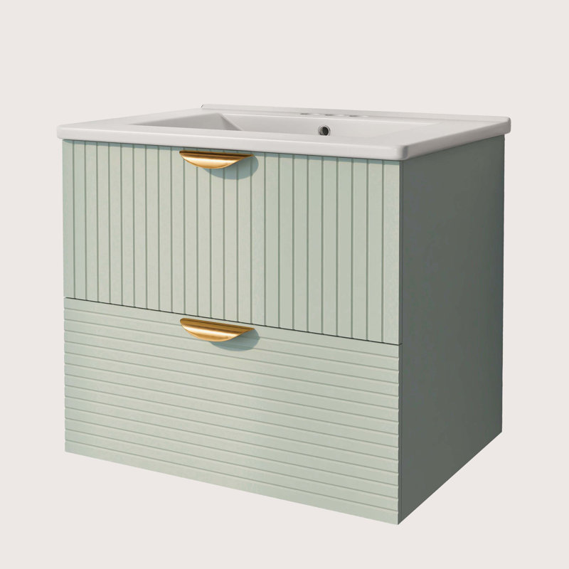 Green and White Wall-Mounted Single Bathroom Vanity with Gold Handles