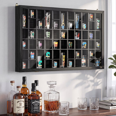 Vitrine de tir, vitrine murale avec porte en acrylique transparent verrouillable, 8 tablettes réglables, capacité pour 56 verres à liqueur, boîte-cadre en bois, noir