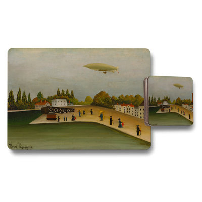 Vintage Scenic Placemat And Coaster Set With Airship Artwork