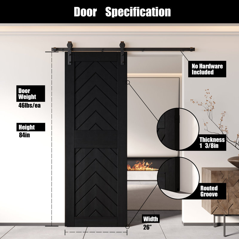 Porte de grange en bois de pin 4-en-1 à finition noire et non assemblée 26 po x 84 po Homacer Homacer (pour l'intérieur seulement)