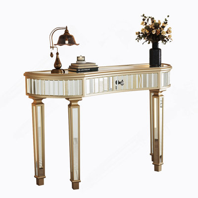 47" Half-Moon Mirrored Console Table With Fluted Glass & Crystal Knob Drawer - Silver Entryway Vanity Desk For Bedroom/Dressing Room