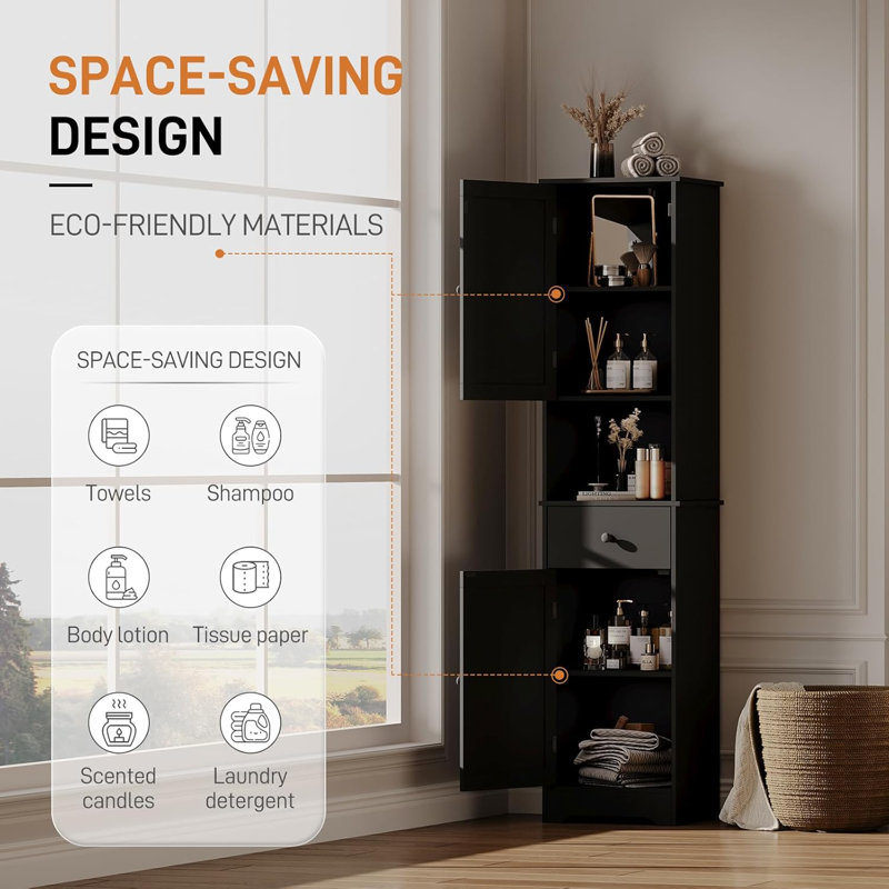 Armoire de salle de bain haute, armoire de rangement avec 2 portes et 2 tiroirs, avec tablette ajustable, pour salle de bain, cuisine, entrée, chambre à coucher (noir)