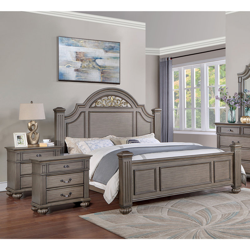 Ensemble de chambre à coucher 2 pièces Aime, Très grand californien, Gris, Trois pièces : lit et deux tables de chevet