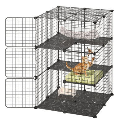 Cat Cage 3-Tier 27.99"x27.99"x40.98" DIY Cat Playpen with Hammock, Indoor Enclosure Detachable Metal Wire Kennel Crate, Large Exercise Place Ideal for 1-2 Cats, Kittens & Small Animals, Black