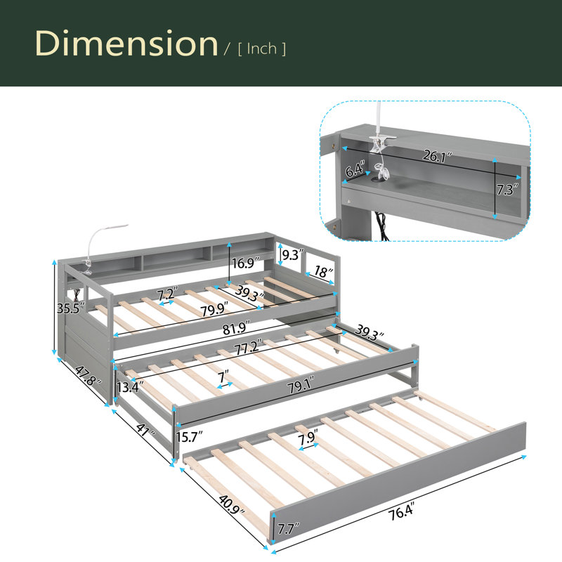 Wood Daybed With 2 Trundles, 3 Storage Cubbies, 1 Light For Free And USB Charging Design, Gray