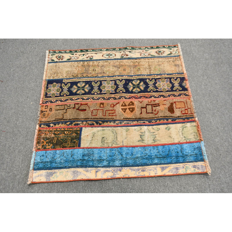 Handmade Turkish Patchwork Rug In Blue Providing A Unique Bohemian Accent For Home Decor And Small Area Coverage