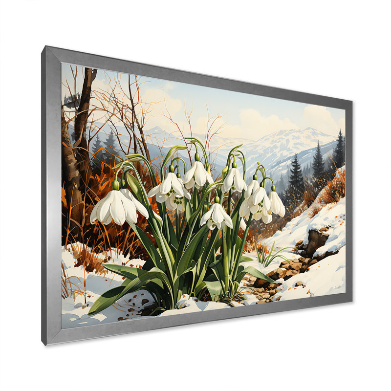 Impression sur toile Mountain Snowdrops Charm In Winter II - Snowdrops, Cadre simple argenté, H 24 po x l 32 po x P 1 po
