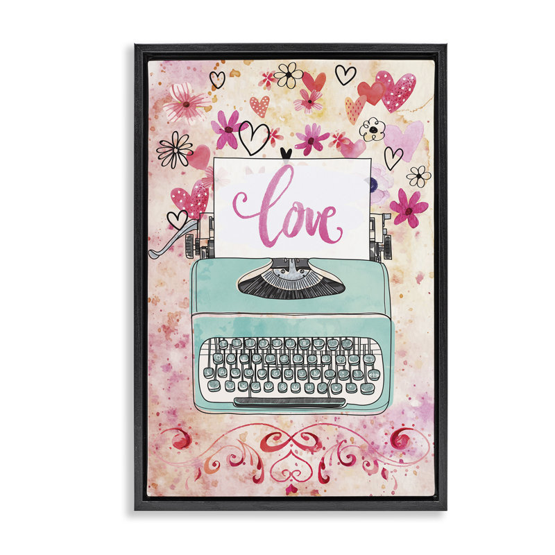 Toile flottante encadrée «Romantic Love Typewriter» par Nicole DeCamp, H 25 po x l 17 po, Cadre flottant noir de jais