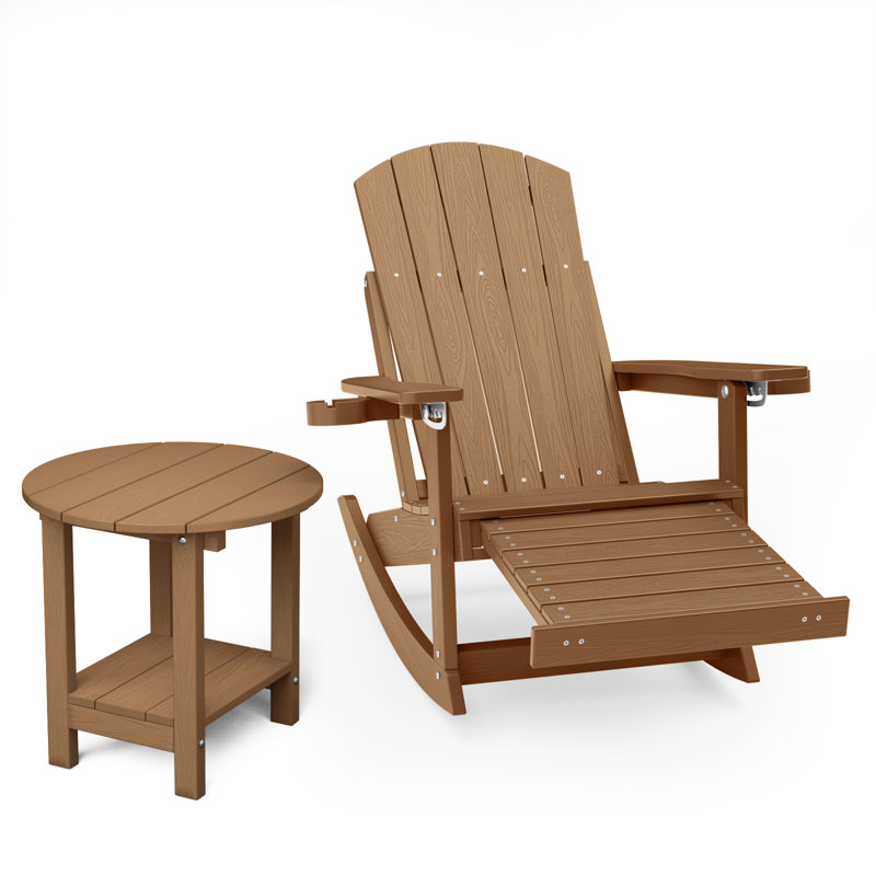 Outdoor Adirondack Rocking Chair With Ottoman And Side Table, Teak